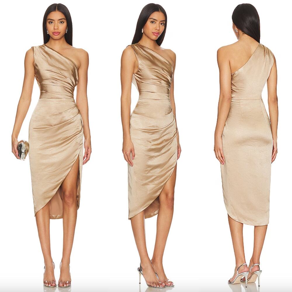 ELLIATT | NWT Cassini Dress in Gold One Shoulder Champagne Satin Midi XL